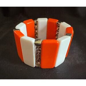 Retro Orange White Stretch Bracelet Wide 1.5” Chunky Statement Vintage B068